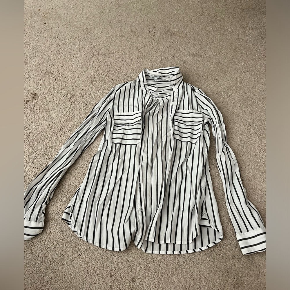 Express button down blouse, black and white stripes, size s